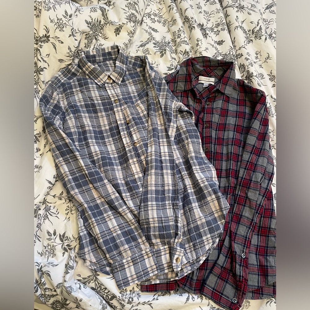 Two flannels- A&F Blue and J.Crew boyfriend style red flannels
